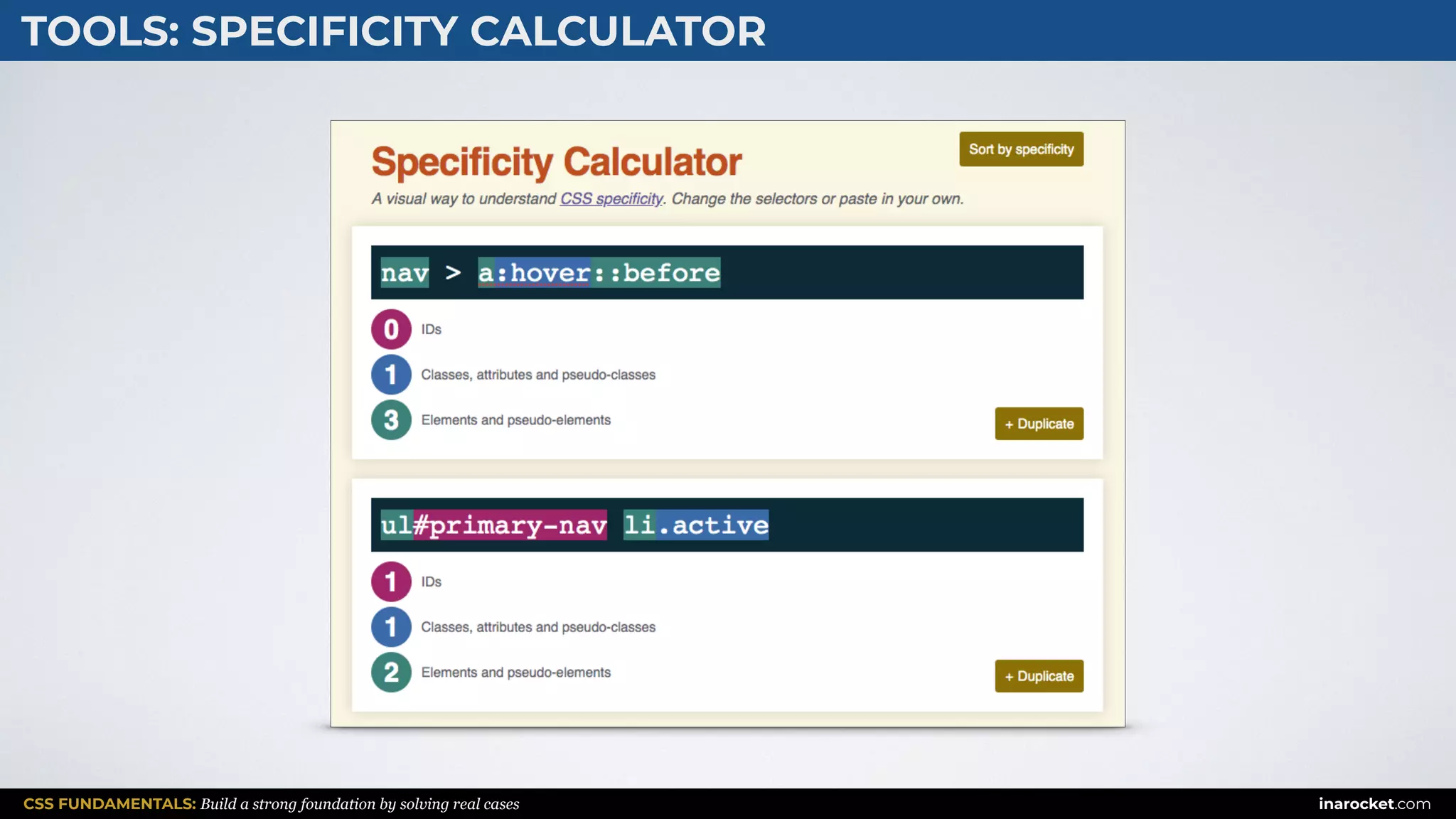 CSS FUNDAMENTALS: Build a strong foundation by solving real cases inarocket.com
TOOLS: SPECIFICITY CALCULATOR
 