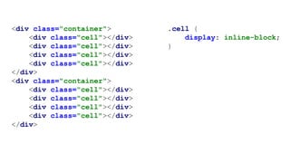<div class="container">
<div class="cell"></div>
<div class="cell"></div>
<div class="cell"></div>
<div class="cell"></div>
</div>
<div class="container">
<div class="cell"></div>
<div class="cell"></div>
<div class="cell"></div>
<div class="cell"></div>
</div>
.cell {
display: inline-block;
}
 