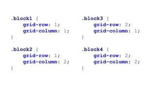 .block1 {
grid-row: 1;
grid-column: 1;
}
.block2 {
grid-row: 1;
grid-column: 2;
}
.block3 {
grid-row: 2;
grid-column: 1;
}
.block4 {
grid-row: 2;
grid-column: 2;
}
 