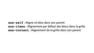 xxx-self : Aligne un bloc dans son parent
xxx-items : Alignement par défaut des blocs dans la grille
xxx-content : Alignement de la grille dans son parent
 