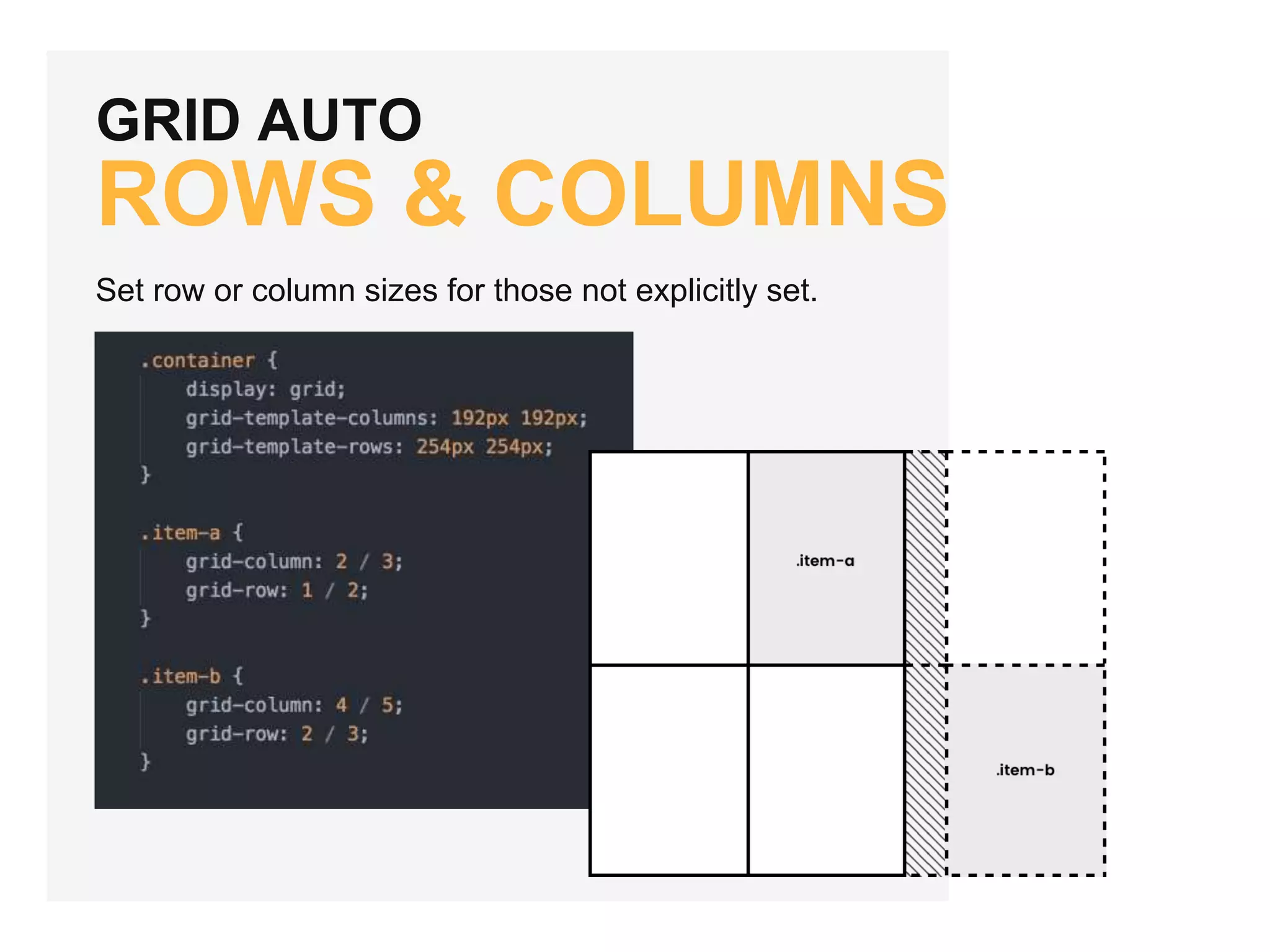 GRID AUTO ROWS & COLUMNS Set row or column sizes for those not explicitly set. 