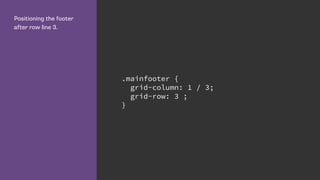 Positioning the footer
after row line 3.
.mainfooter {
grid-column: 1 / 3;
grid-row: 3 ;
}
 