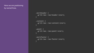 Here we are positioning
by named lines.
.mainheader {
grid-row: row-header-start;
}
.content {
grid-row: row-content-start;
}
.panel {
grid-row: row-panel-start;
}
.mainfooter {
grid-row: row-footer-start;
}
 