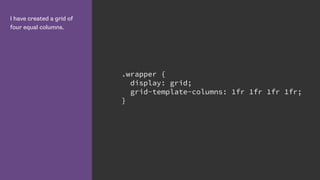 I have created a grid of
four equal columns.
.wrapper {
display: grid;
grid-template-columns: 1fr 1fr 1fr 1fr;
}
 