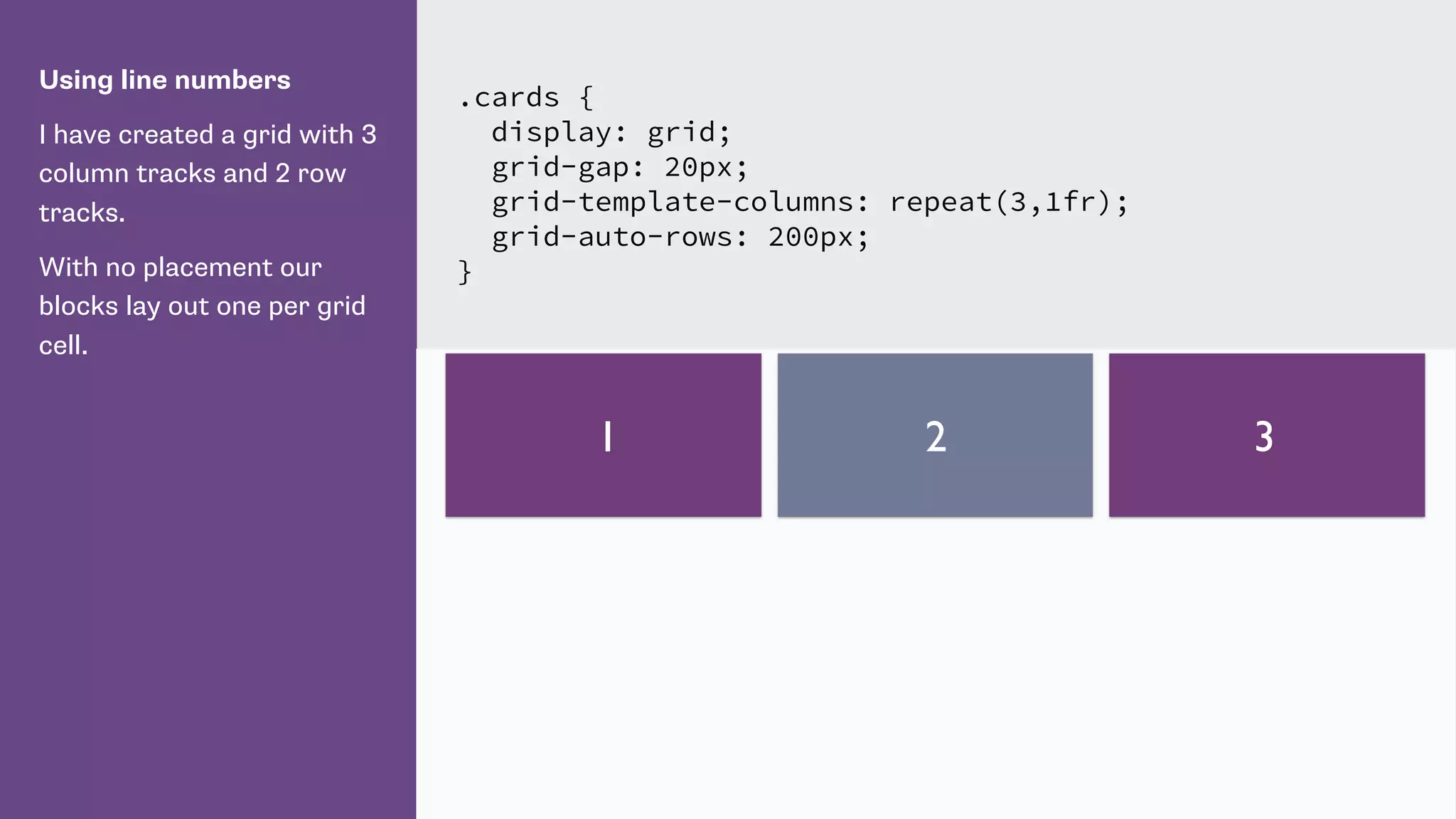 Using line numbers
I have created a grid with 3
column tracks and 2 row
tracks.
With no placement our
blocks lay out one per grid
cell.
.cards {
display: grid;
grid-gap: 20px;
grid-template-columns: repeat(3,1fr);
grid-auto-rows: 200px;
}
1 2 3
 