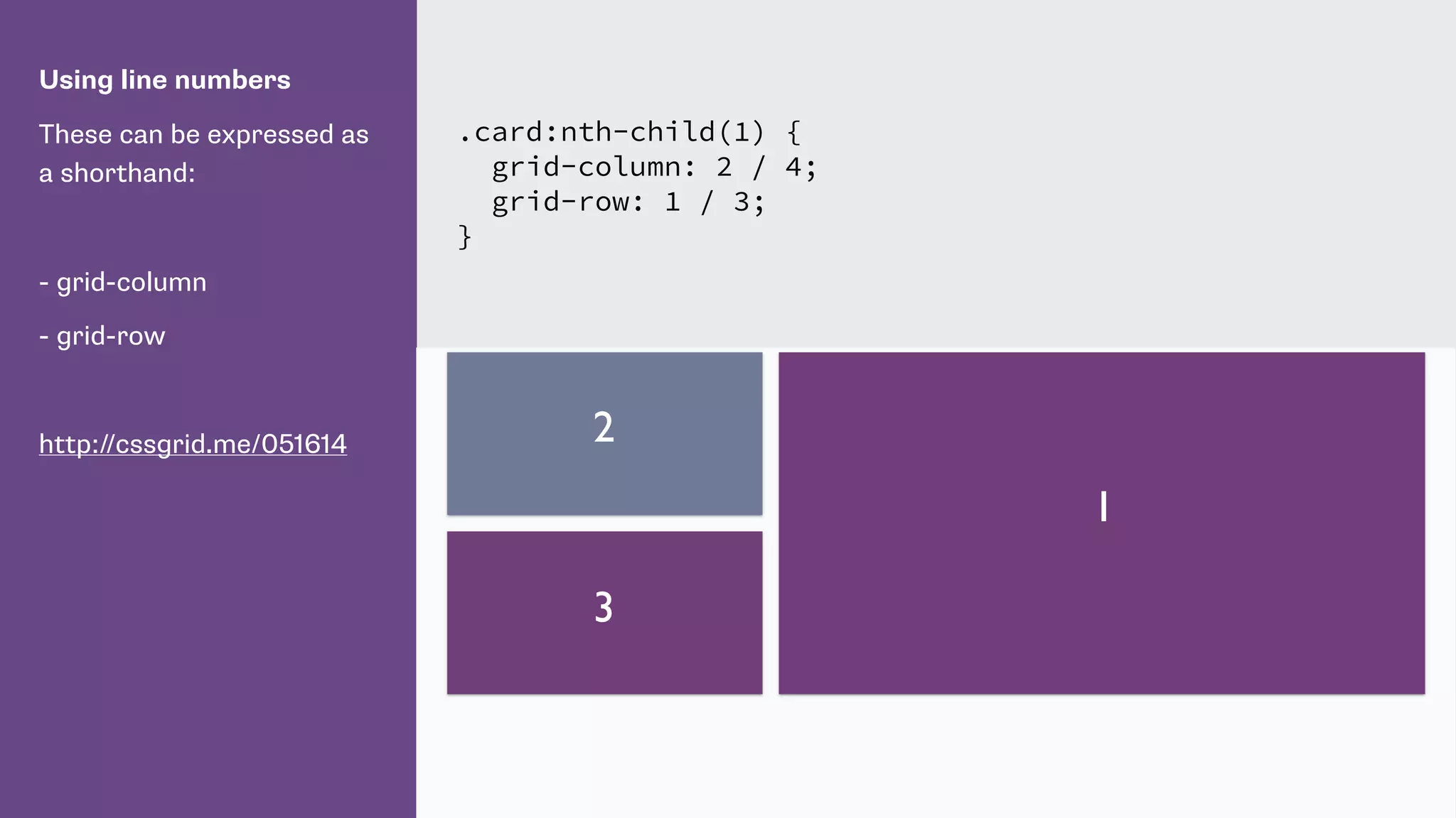 Using line numbers
These can be expressed as
a shorthand:
- grid-column
- grid-row
http://cssgrid.me/051614
.card:nth-child(1) {
grid-column: 2 / 4;
grid-row: 1 / 3;
}
1
2
3
 