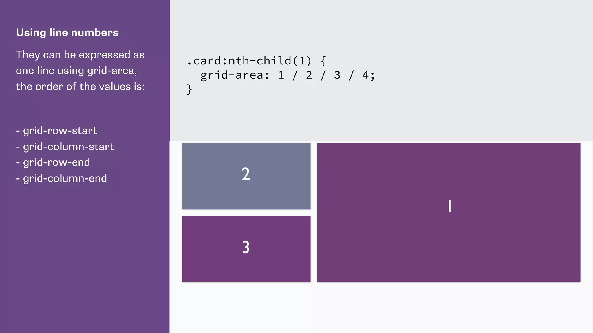 Using line numbers
They can be expressed as
one line using grid-area,
the order of the values is:
- grid-row-start
- grid-column-start
- grid-row-end
- grid-column-end
.card:nth-child(1) {
grid-area: 1 / 2 / 3 / 4;
}
1
2
3
 