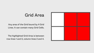 Grid Area
Any area of the Grid bound by 4 Grid
Lines. It can contain many Grid Cells.
The highlighted Grid Area is between
row lines 1 and 3, column lines 2 and 4.
 