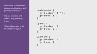 Positioning our elements
using the grid-column and
grid-row shorthand.
We can omit the -end
value if only spanning 1
track.
This is all we need to do
to create our layout.
.mainheader {
grid-column: 1 / 3;
grid-row: 1 ;
}
.panel {
grid-column: 1 ;
grid-row: 2 ;
}
.content {
grid-column: 2 ;
grid-row: 2 ;
}
 