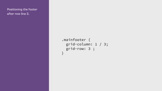 Positioning the footer
after row line 3.
.mainfooter {
grid-column: 1 / 3;
grid-row: 3 ;
}
 
