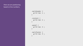 Here we are positioning
based on line numbers.
.mainheader {
grid-row: 1 ;
}
.content {
grid-row: 2 ;
}
.panel {
grid-row: 3 ;
}
.mainfooter {
grid-row: 4 ;
}
 