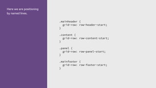 Here we are positioning
by named lines.
.mainheader {
grid-row: row-header-start;
}
.content {
grid-row: row-content-start;
}
.panel {
grid-row: row-panel-start;
}
.mainfooter {
grid-row: row-footer-start;
}
 