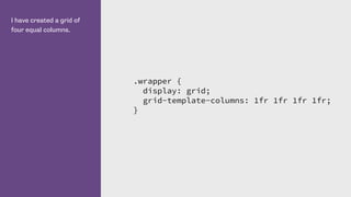 I have created a grid of
four equal columns.
.wrapper {
display: grid;
grid-template-columns: 1fr 1fr 1fr 1fr;
}
 