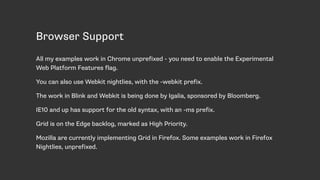 Browser Support
All my examples work in Chrome unprefixed - you need to enable the Experimental
Web Platform Features flag.
You can also use Webkit nightlies, with the -webkit prefix.
The work in Blink and Webkit is being done by Igalia, sponsored by Bloomberg.
IE10 and up has support for the old syntax, with an -ms prefix.
Grid is on the Edge backlog, marked as High Priority.
Mozilla are currently implementing Grid in Firefox. Some examples work in Firefox
Nightlies, unprefixed.
 