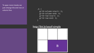 To span more tracks we
just change the end row or
column line.
.b {
grid-column-start: 2;
grid-column-end: 4;
grid-row-start: 2;
grid-row-end: 3;
}
http://bit.ly/aeasf-simple
 