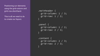 Positioning our elements
using the grid-column and
grid-row shorthand.
This is all we need to do
to create our layout.
.mainheader {
grid-column: 1 / 3;
grid-row: 1 / 2;
}
.panel {
grid-column: 1 / 2;
grid-row: 2 / 3;
}
.content {
grid-column: 2 / 3;
grid-row: 2 / 3;
}
 