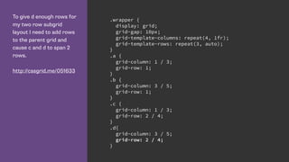 To give d enough rows for
my two row subgrid
layout I need to add rows
to the parent grid and
cause c and d to span 2
rows.
http://cssgrid.me/051633
.wrapper {
display: grid;
grid-gap: 10px;
grid-template-columns: repeat(4, 1fr);
grid-template-rows: repeat(3, auto);
}
.a {
grid-column: 1 / 3;
grid-row: 1;
}
.b {
grid-column: 3 / 5;
grid-row: 1;
}
.c {
grid-column: 1 / 3;
grid-row: 2 / 4;
}
.d{
grid-column: 3 / 5;
grid-row: 2 / 4;
}
 