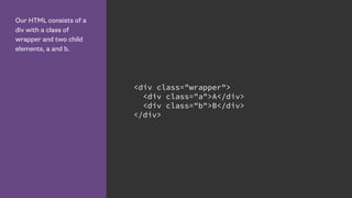 Our HTML consists of a
div with a class of
wrapper and two child
elements, a and b.
<div class="wrapper">
<div class="a">A</div>
<div class="b">B</div>
</div>
 