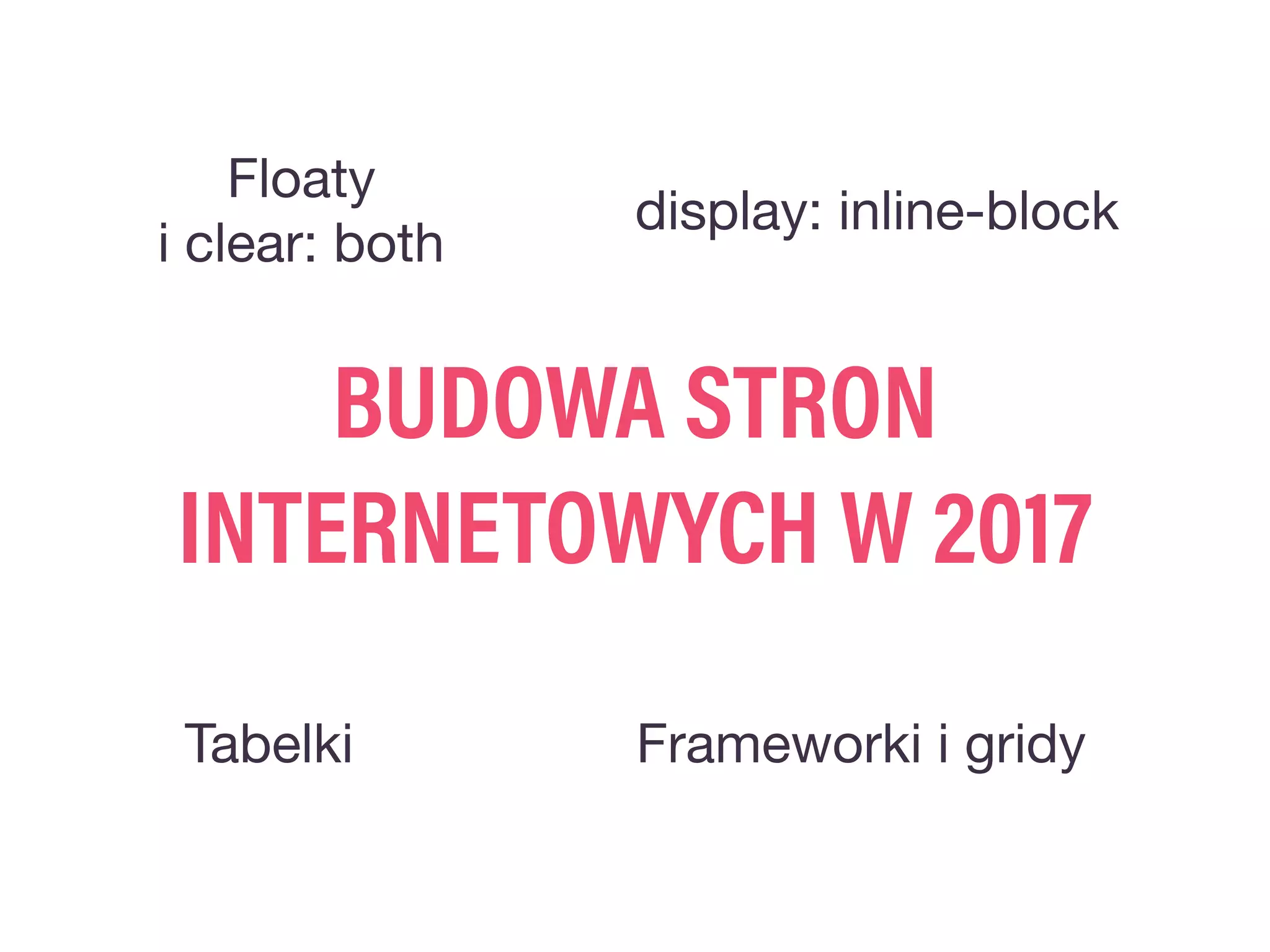 BUDOWA STRON
INTERNETOWYCH W 2017
Floaty

i clear: both
display: inline-block
Frameworki i gridyTabelki
 