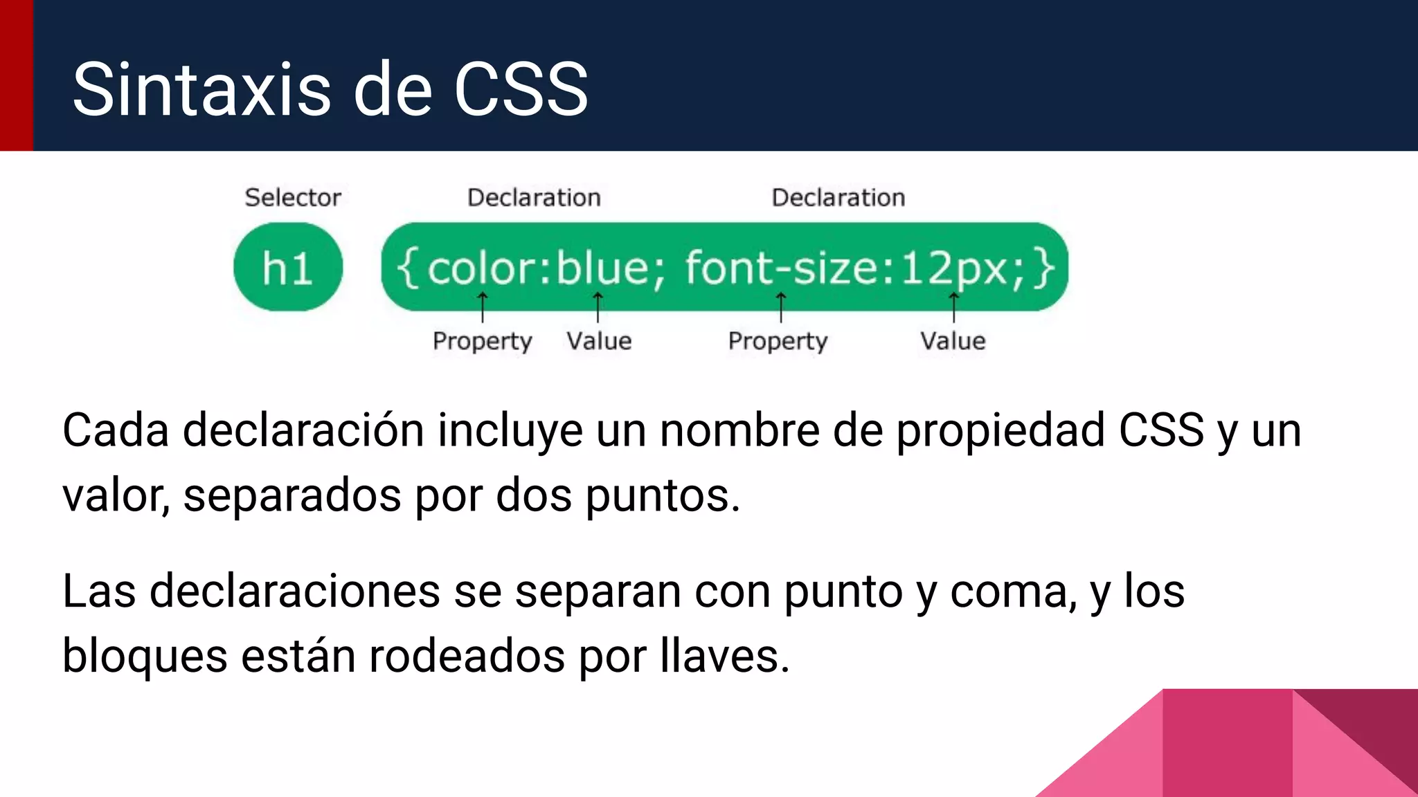 Cada declaración incluye un nombre de propiedad CSS y un
valor, separados por dos puntos.
Las declaraciones se separan con punto y coma, y los
bloques están rodeados por llaves.
Sintaxis de CSS
 