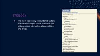 ETIOLOGY
● The most frequently encountered factors
are abdominal operations, infection and
inflammation, electrolyte abnormalities,
and drugs.
 