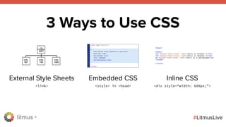 litmus ®
#LitmusLive
External Style Sheets
<link>
Embedded CSS
<style> in <head>
Inline CSS
<div style=“width: 600px;”>
3 Ways to Use CSS
 