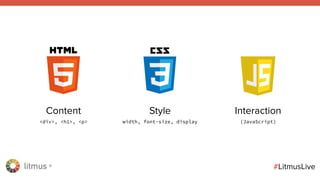 litmus ®
#LitmusLive
Content
<div>, <h1>, <p>
Style
width, font-size, display
Interaction
(JavaScript)
 
