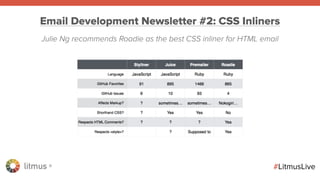 litmus ®
#LitmusLive
Email Development Newsletter #2: CSS Inliners
Julie Ng recommends Roadie as the best CSS inliner for HTML email
 