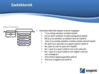 Szelektorok
• Elemeket több féle képpen tudunk megfogni:
• * {} a csillag szelektor mindent kijelöl
• p {} az elem szelektor minden paragrafust kijelol
• #id {} az id szelektor az odlalon levö id-t jeloli ki
• .class {} az osztály szelektor minden osztály elemet kijelöl
• div span {} az apa (div) es a gyere (span)-t jelöli ki
• div, span {} a div és span-ot is kijelöli
• div + span {} a span’t jelöli ki ami a div után jön
• div > span {} a span’t jelöli ki ami rögtön a div-be
van esölegesen
• :first-child a legelsö gyereket jelöli ki
• :first-line a legelsö sort jelöli ki
• …
 