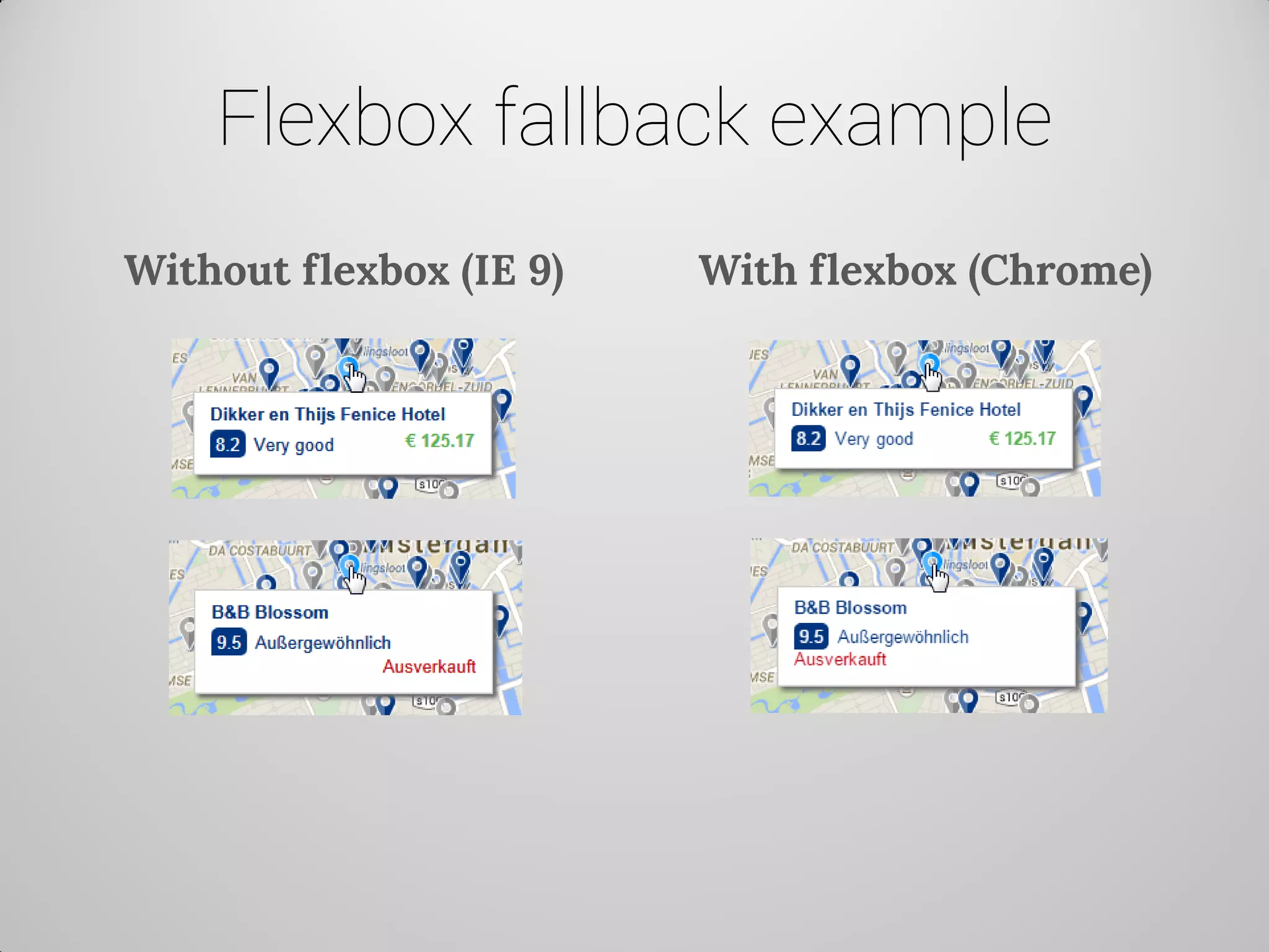 Flexbox fallback example 
Without flexbox (IE 9) 
With flexbox (Chrome)  