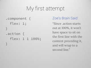 My first attempt 
.component { 
flex: 1; 
} 
.action { 
flex: 1 1 100%; 
} 
Zoe’s Brain Said: 
“Since .action starts out at 100%, it won’t have space to sit on the first line with the content preceding it, and will wrap to a second line.”  