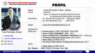 PROFIL
Nama : Yusra Fernando, S.Kom., M.Kom.
Status : Menikah
Anak: (1) Muhammad Ibrahim Hanif Fernando
(2) Muhammad Zahid Hafizh Fernando
Pendidikan : S1, Teknik Informatika/(Ti) (Teknokrat 2004)
S2, Ilmu Komputer/(Cs) (IPB 2012)
Email : yusra.fernando@teknokrat.ac.id
Pengalaman
Pekerjaan :  Asisten Dosen STMIK TEKNOKRAT 2006-2008
 Dosen STMIK TEKNOKRAT 2009 - 2017
 Dosen UNIVERSITAS TEKNOKRAT INDONESIA 2017 – Sekarang
 Tim Kerja Bidang Kemahasiswaan (2015-2017)
 Wakil Dekan III FTIK (2017)
 Tim Kerja Wakil Rektor III Bidang Kemahasiswaan (2017-
2019)
 Wakil Dekan III FEB (2019)
No. Telepon : 0852 7920 9118 (sms, line, WA)
yusra.fernando@teknokrat.ac.id
+6252 7920 9118
+6252 7920 9118
Yusra Fernando, M.Kom
CONTACT ME
2
 