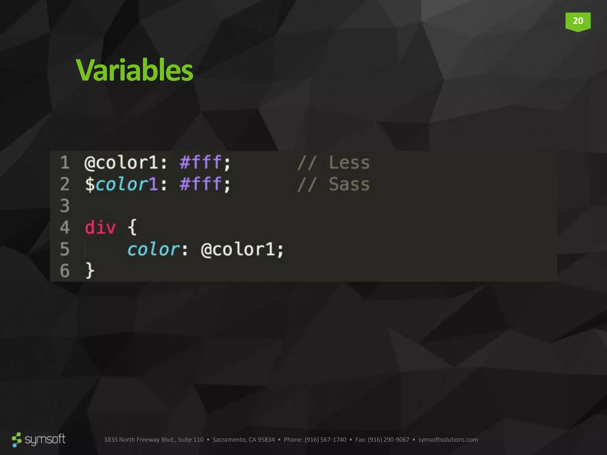 3835 North Freeway Blvd., Suite 110 • Sacramento, CA 95834 • Phone: (916) 567-1740 • Fax: (916) 290-9067 • symsoftsolutions.com 20 Variables 