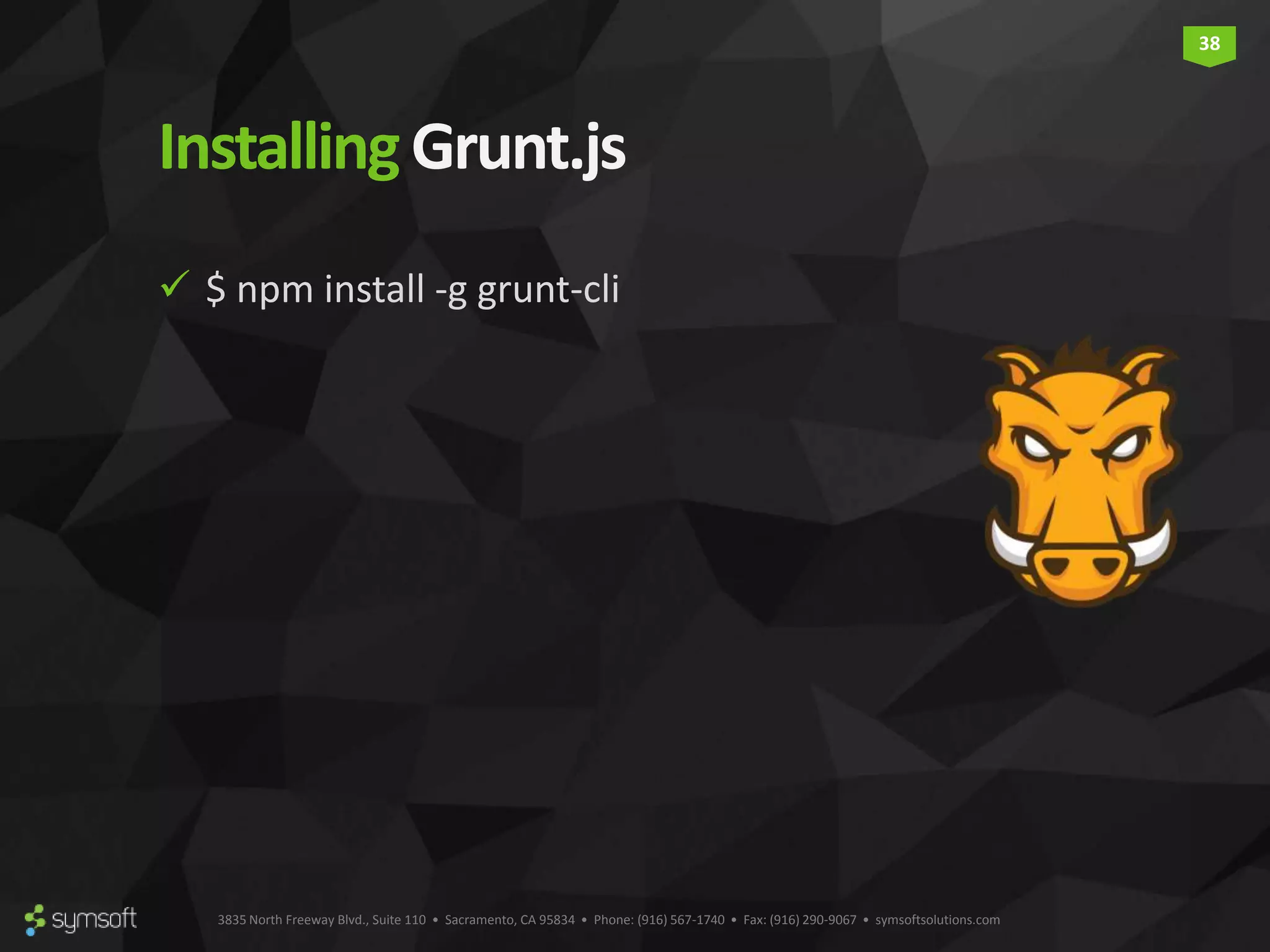 3835 North Freeway Blvd., Suite 110 • Sacramento, CA 95834 • Phone: (916) 567-1740 • Fax: (916) 290-9067 • symsoftsolutions.com 38 InstallingGrunt.js  $ npm install -g grunt-cli 