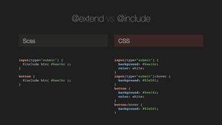 @extend vs @include
input[type="submit"] {!
@include btn( #6ee16c );!
}!
!
button {!
@include btn( #6ee16c );!
}!
Scss CSS
input[type="submit"] {!
background: #6ee16c;!
color: white;!
}!
input[type="submit"]:hover {!
background: #83e581;!
}!
button {!
background: #6ee16c;!
color: white;!
}!
button:hover {!
background: #83e581;!
}!
 