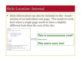 Style Location: Internal
 Style information can also be included in the <head>
section of an individual web page. This tends to work
best when a single page needs to have a slightly
different look than the rest of the site.
 