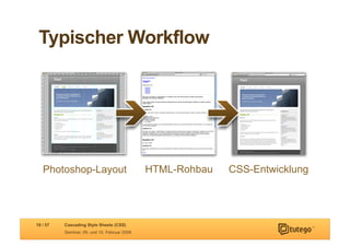 Typischer Workflow




   Photoshop-Layout                           HTML-Rohbau   CSS-Entwicklung




18 / 57   Cascading Style Sheets (CSS)
          Seminar, 09. und 10. Februar 2009
 