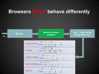 Browsers STILLbehavedifferently 
Well… Therewillbealwaysdiferences 
Is IE6support required? 
Yes 
No 
Development time x2 ...