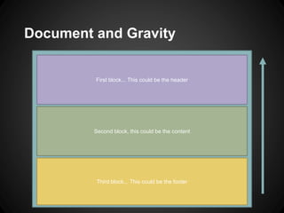 Document and Gravity 
First block... This could be the header 
Second block, this could be the content 
Third block... Thi...