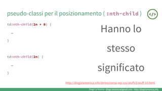 Diego La Monica - diego.lamonica@gmail.com - http://diegolamonica.info
pseudo-classi per il posizionamento ( :nth-child )
td:nth-child(2n + 0) {
…
}
td:nth-child(2n) {
…
}
Hanno lo
stesso
significato
http://diegolamonica.info/demo/corso-wp-css/stuffs3/stuff-10.html
 