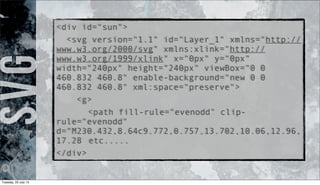 <div id="sun">
<svg version="1.1" id="Layer_1" xmlns="http://
www.w3.org/2000/svg" xmlns:xlink="http://
www.w3.org/1999/xlink" x="0px" y="0px"
width="240px" height="240px" viewBox="0 0
460.832 460.8" enable-background="new 0 0
460.832 460.8" xml:space="preserve">
<g>
<path fill-rule="evenodd" clip-
rule="evenodd"
d="M230.432,8.64c9.772,0.757,13.702,10.06,12.96,
17.28 etc.....
</div>
SVG
Tuesday, 23 July 13
 