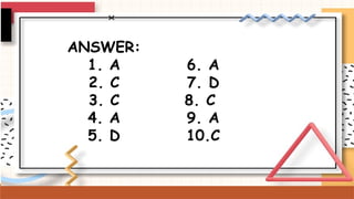 ANSWER:
1. A
2. C
3. C
4. A
5. D
6. A
7. D
8. C
9. A
10.C
 