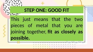 This just means that the two
pieces of metal that you are
joining together, fit as closely as
possible.
STEP ONE: GOOD FIT
 