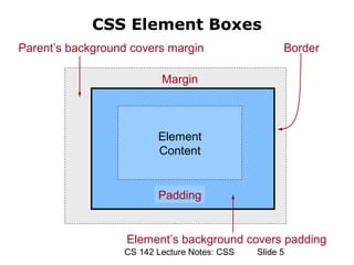 CSS Element Boxes
Parent’s background covers margin                   Border

                          Margin



                         Element
                         Content
                          Padding




                         Padding


                   Element’s background covers padding
                  CS 142 Lecture Notes: CSS   ݺߣ 5
 
