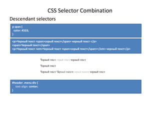 CSS Selector Combination
Descendant selectors
p span {
color: #333;
}
<p>Черный текст <span>серый текст</span> черный текс...