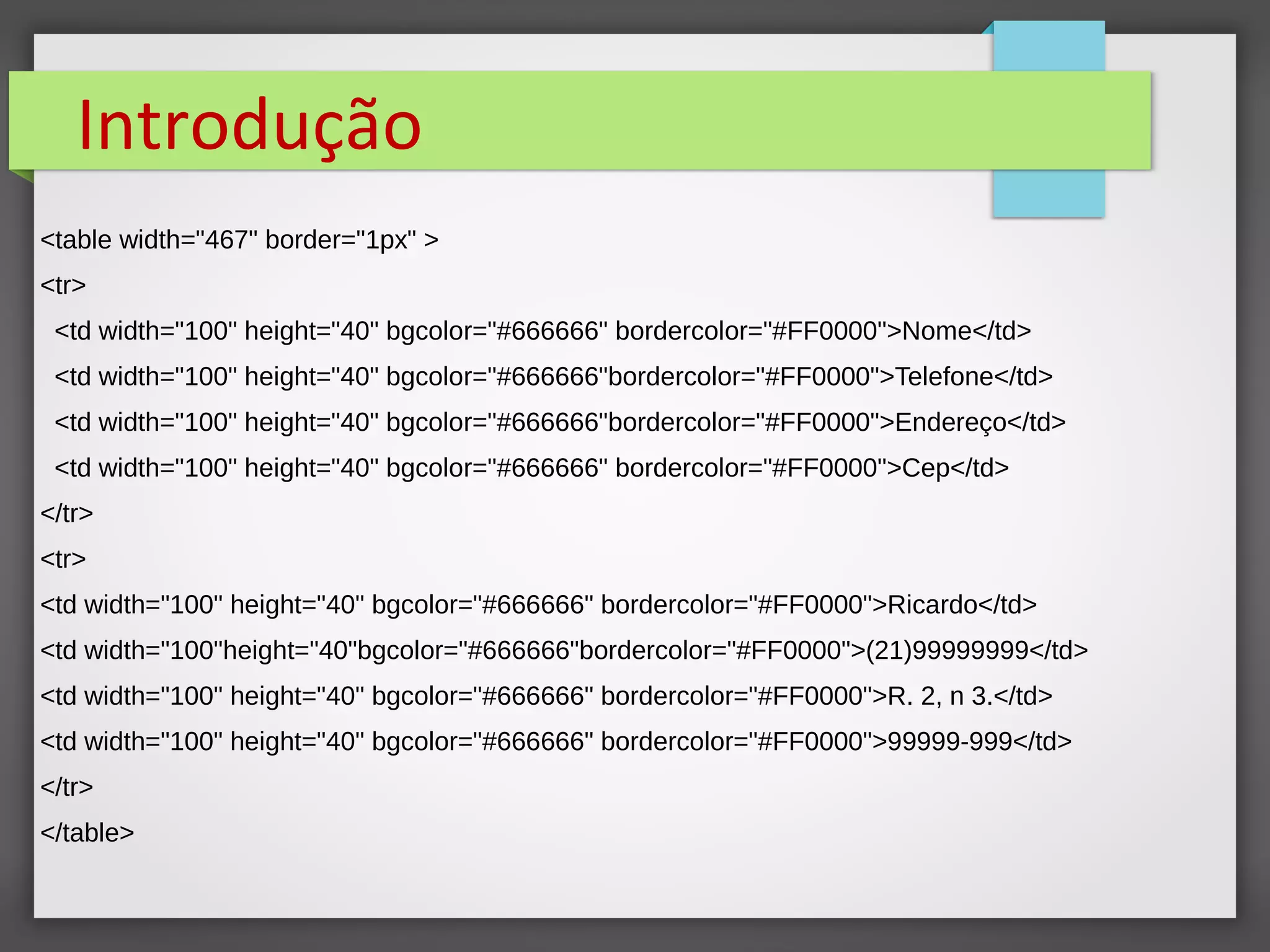Introdução
<table width="467" border="1px" >
<tr>
<td width="100" height="40" bgcolor="#666666" bordercolor="#FF0000">Nome</td>
<td width="100" height="40" bgcolor="#666666"bordercolor="#FF0000">Telefone</td>
<td width="100" height="40" bgcolor="#666666"bordercolor="#FF0000">Endereço</td>
<td width="100" height="40" bgcolor="#666666" bordercolor="#FF0000">Cep</td>
</tr>
<tr>
<td width="100" height="40" bgcolor="#666666" bordercolor="#FF0000">Ricardo</td>
<td width="100"height="40"bgcolor="#666666"bordercolor="#FF0000">(21)99999999</td>
<td width="100" height="40" bgcolor="#666666" bordercolor="#FF0000">R. 2, n 3.</td>
<td width="100" height="40" bgcolor="#666666" bordercolor="#FF0000">99999-999</td>
</tr>
</table>
 