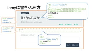 Jomyに書き込み方
<h1 class="title">
<a
href="/pages/%E3%81%88%E3%81%B3%E3%8
1%AE%E3%81%8A%E3%81%AA%E3%81%8B">
えびのおなか
</a>
</h1>
<div class=
"hero-
content">
<section id=
"main-
content”>
<div
class="page-body">
<p>test</p>
</div>
 