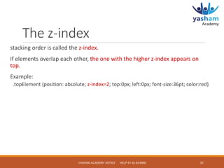 The z-index
stacking order is called the z-index.
If elements overlap each other, the one with the higher z-index appears ...