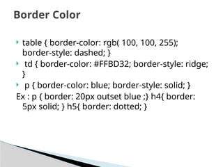  table { border-color: rgb( 100, 100, 255);
border-style: dashed; }
 td { border-color: #FFBD32; border-style: ridge;
}
 p { border-color: blue; border-style: solid; }
Ex : p { border: 20px outset blue ;} h4{ border:
5px solid; } h5{ border: dotted; }
Border Color
 