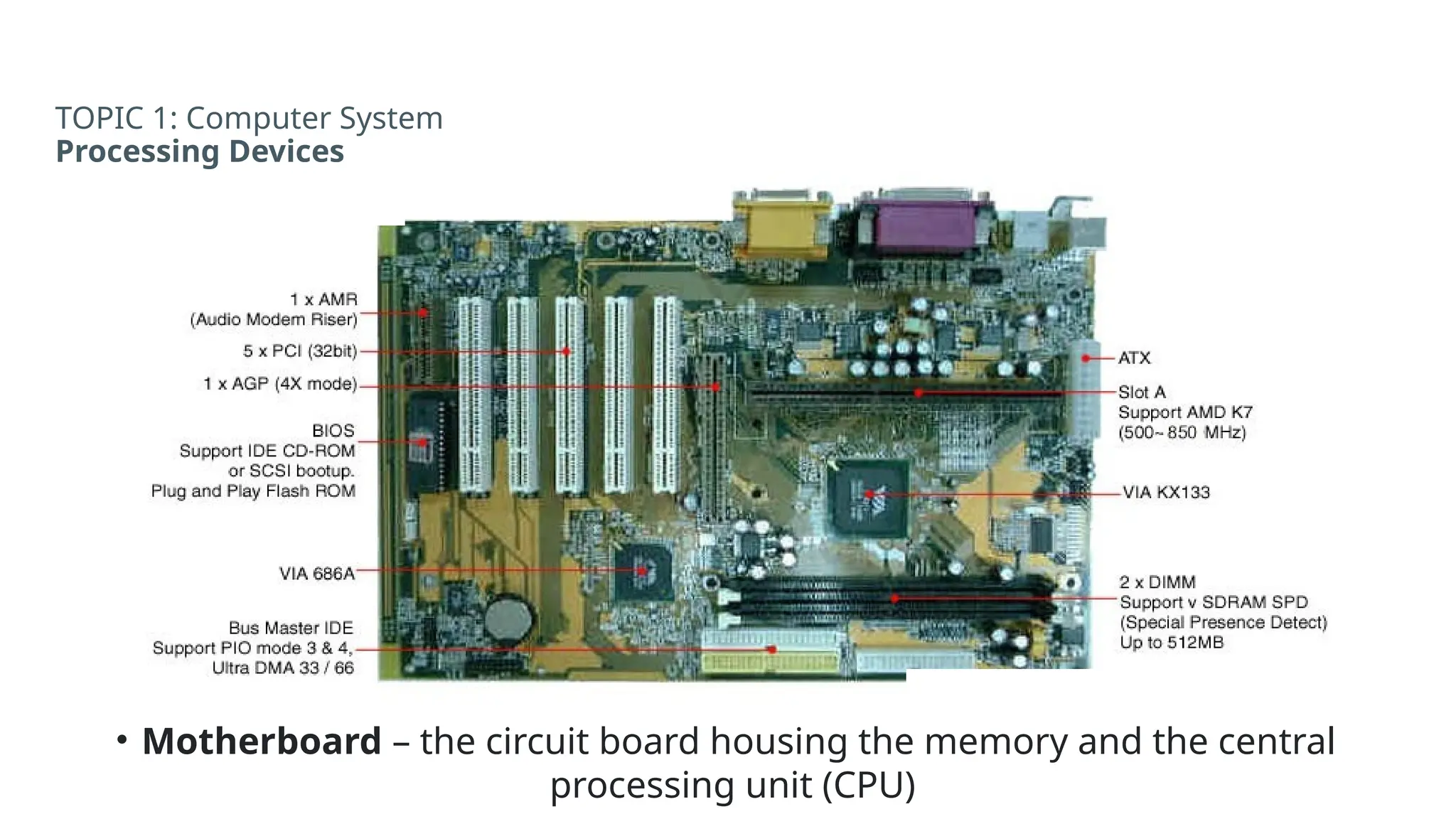 TOPIC 1: Computer System
Processing Devices
• Motherboard – the circuit board housing the memory and the central
processing unit (CPU)
 